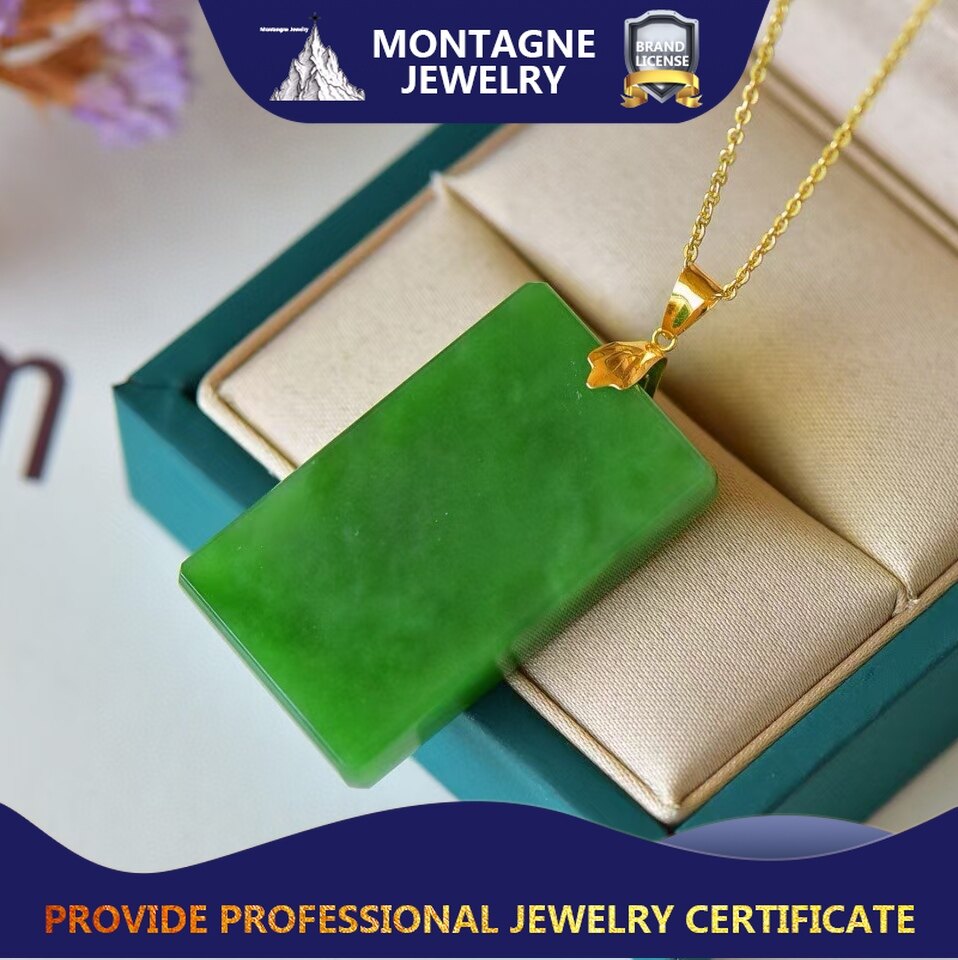 Montagne Jewelry จี้หยกเขียวเกรด A ทองคำบริสุทธิ์ 18k (AU750) ทรงสี่เหลี่ยมจัตุรัสขนาด 30x20 มม. สำหรับผู้หญิง จี้ทรงสี่เหลี่ยมสวยงาม ของขวัญสร้อยคอ