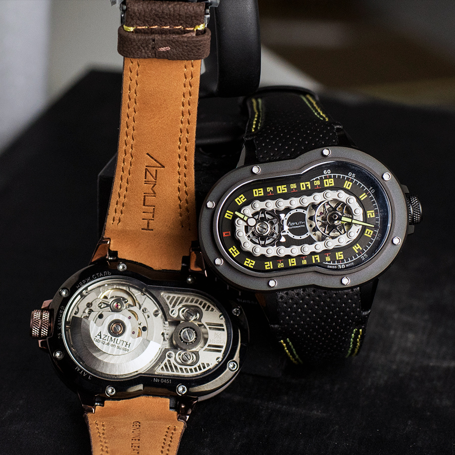 Azimuth Crazy Rider / Men / Automatic / Leather /  55 mm x 38 mm x 16 mm / 3 ATM / True 24-hour hand displayed on a rotating chain. Minute indicator /  In-house modified automatic movement reserve · v4