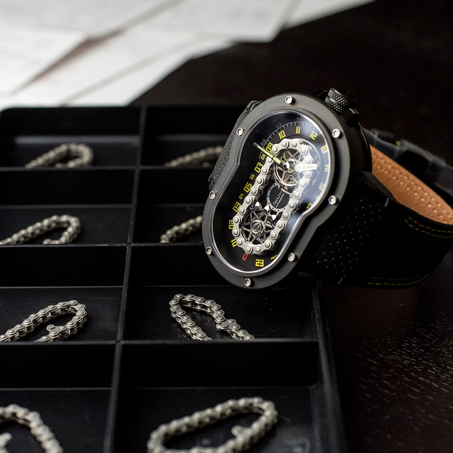 Azimuth Crazy Rider / Men / Automatic / Leather /  55 mm x 38 mm x 16 mm / 3 ATM / True 24-hour hand displayed on a rotating chain. Minute indicator /  In-house modified automatic movement reserve · v4