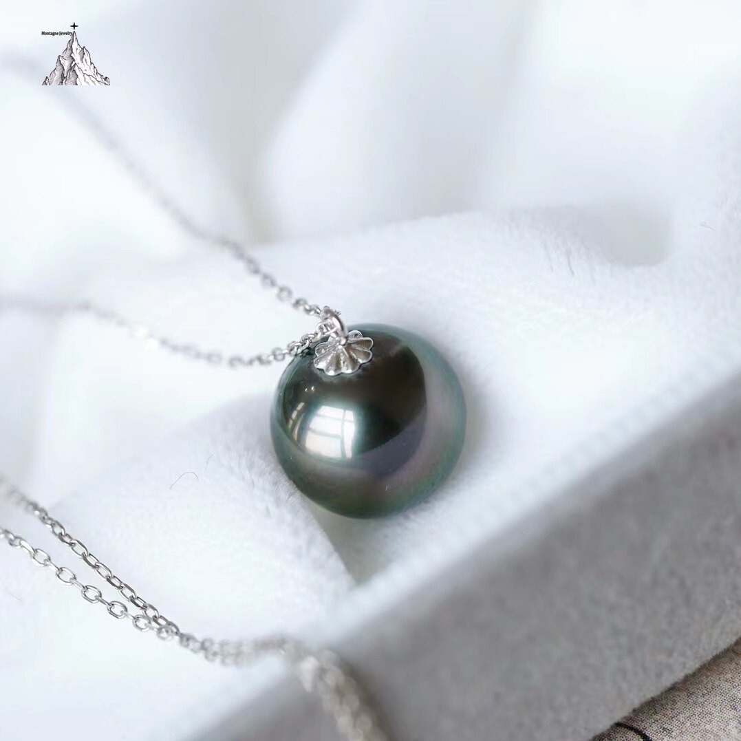 Montagne Jewelry 18k Pure White Gold Simple Design Natural Seawater Tahiti Black Pearl Pendant Necklace · v5