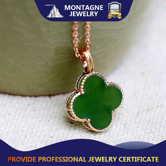Montagne Jewelry 18k Pure Rose Gold Four leaf clover Fine Jewellery Natural 13x13x4mm Grade A Green Jade Pendant Necklace