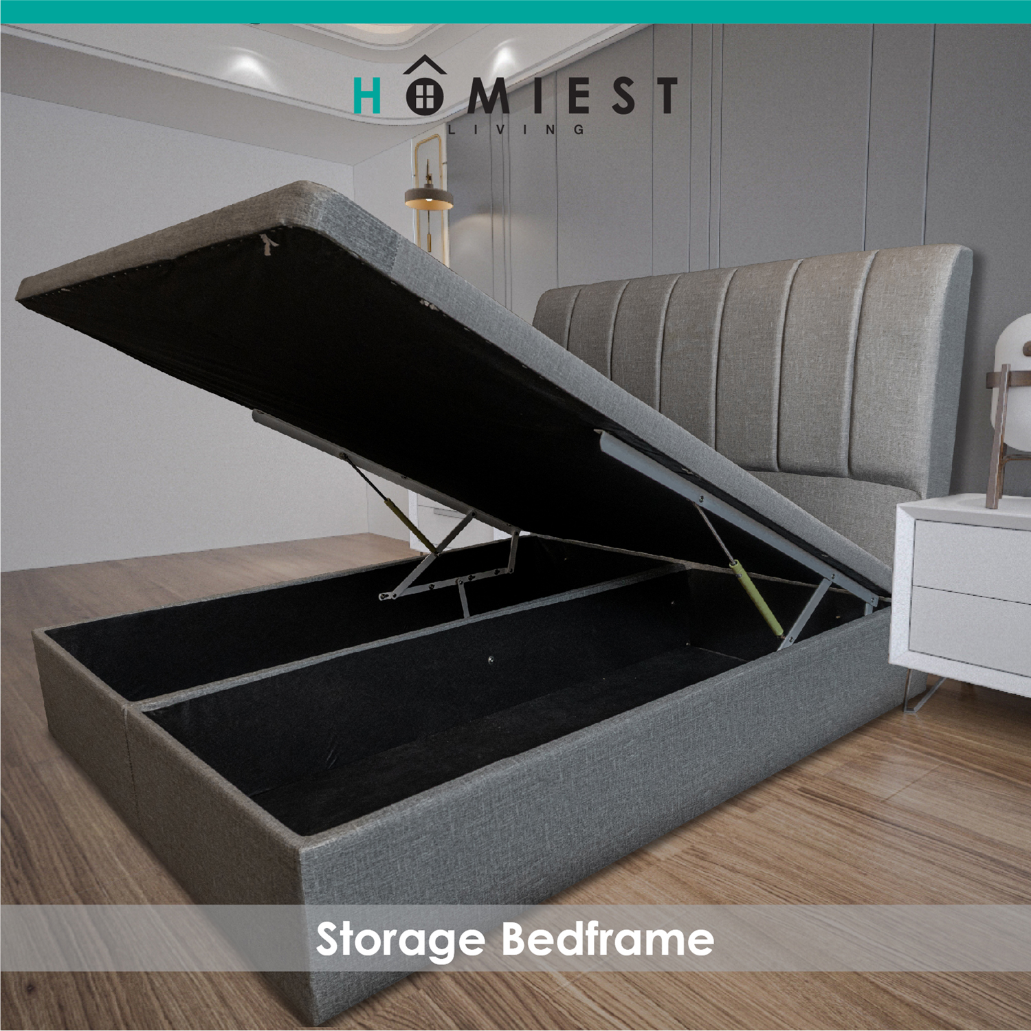 (Free Installation) Homiest / Bedframe / Storage / PU Leather / Single / Super Single / Queen / King / Grey · v2