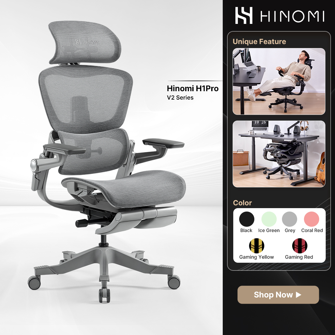 เก้าอี้สำนักงาน Hinomi H1Pro Ergonomic พับได้ พร้อมที่วางขาและที่วางแขนพับเก็บ | เก้าอี้เกมมิ่งตาข่าย