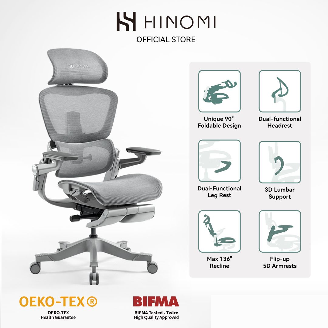 เก้าอี้สำนักงาน Hinomi H1Pro Ergonomic พับได้ พร้อมที่วางขาและที่วางแขนพับเก็บ | เก้าอี้เกมมิ่งตาข่าย