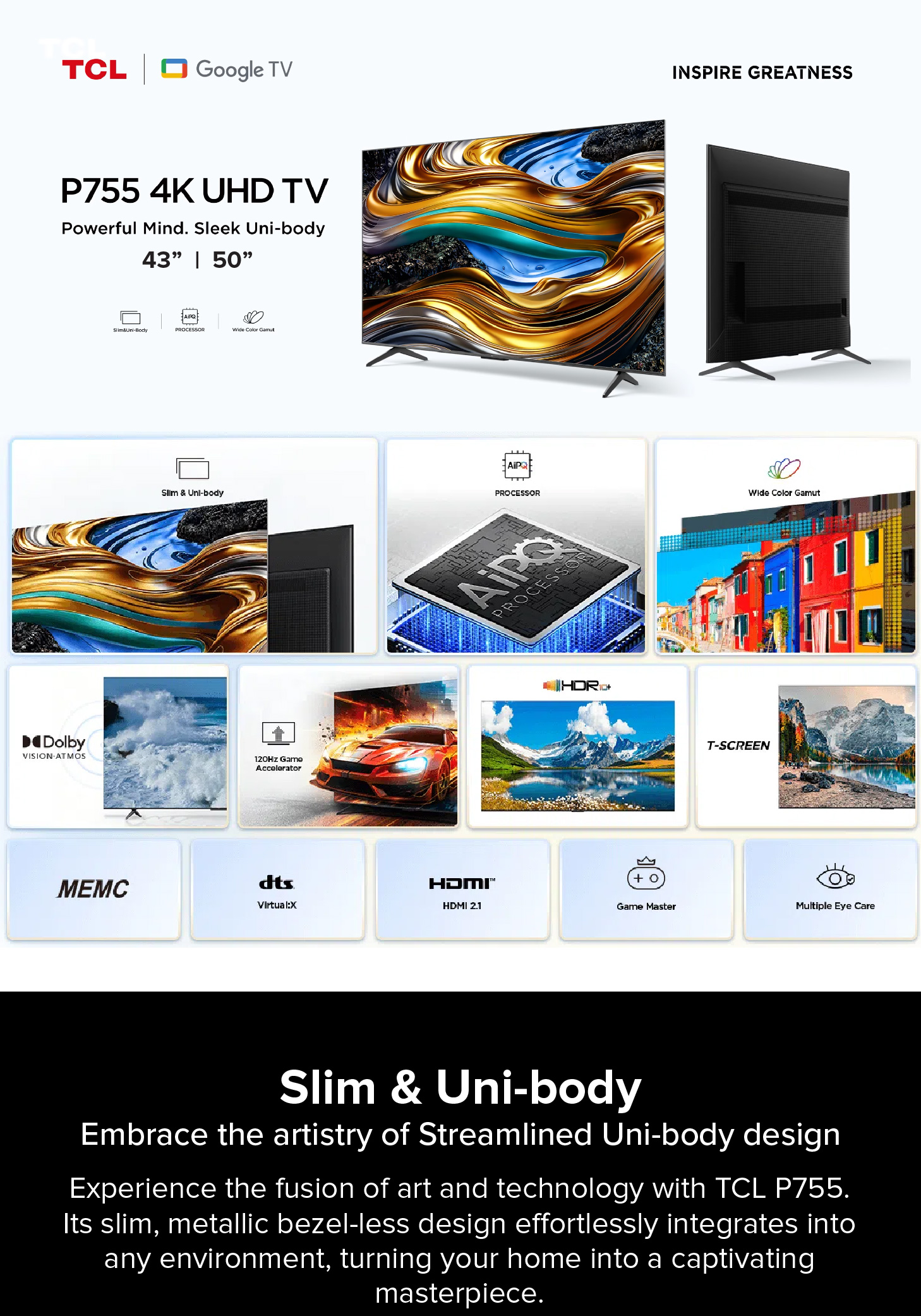P755 4K-Fernseher 2024 55 65 Zoll | TCL Eye Care | 120Hz DLG | AI Smart Google TV | Dolby Atmos und Vision