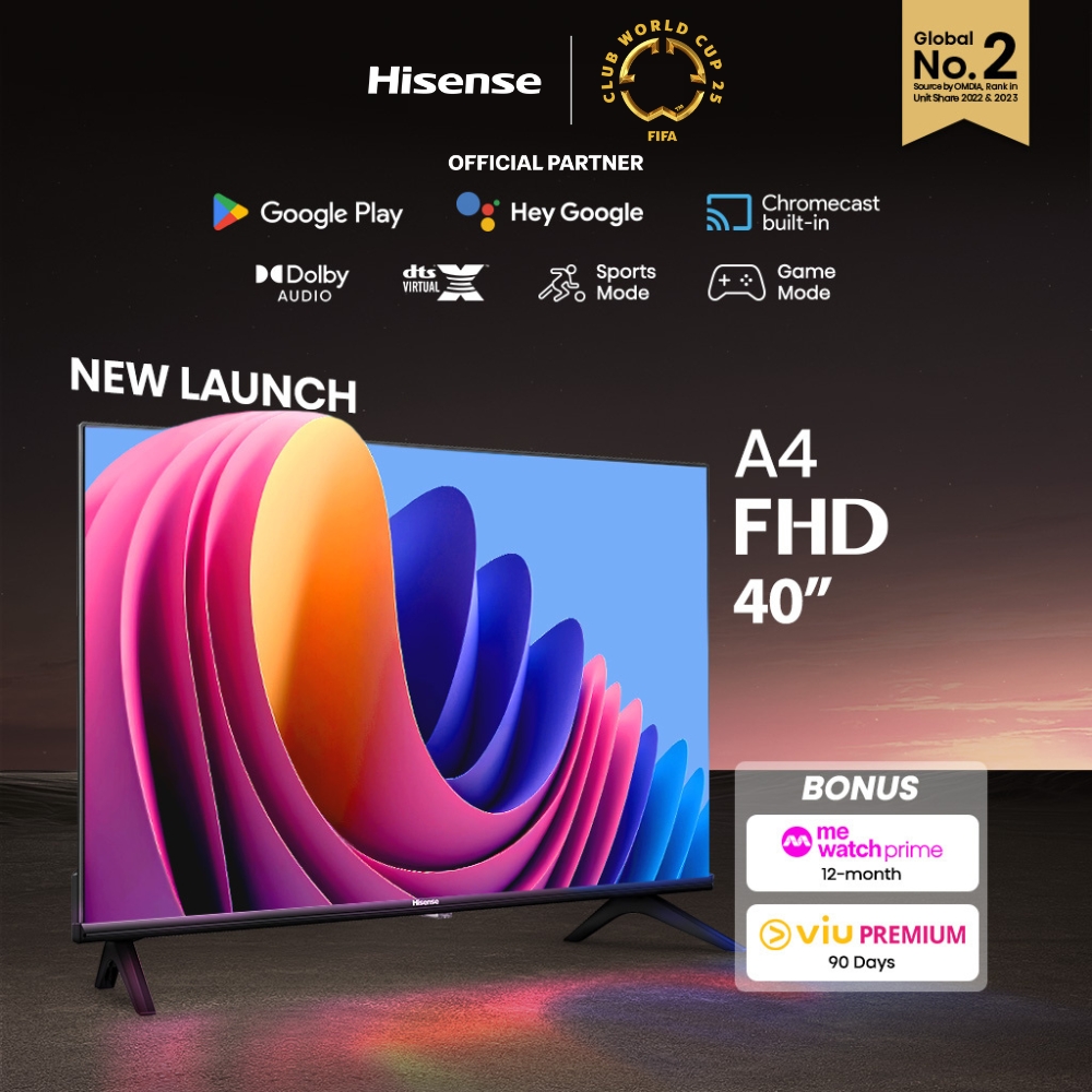 Hisense A4 40 inch Smart TV | Google Play | Hey Google | Chromecast | DTS Virtual X | Dolby Audio | Bezelless | Bluetooth Remote | Youtube | Netflix | Disney+ | meWatch