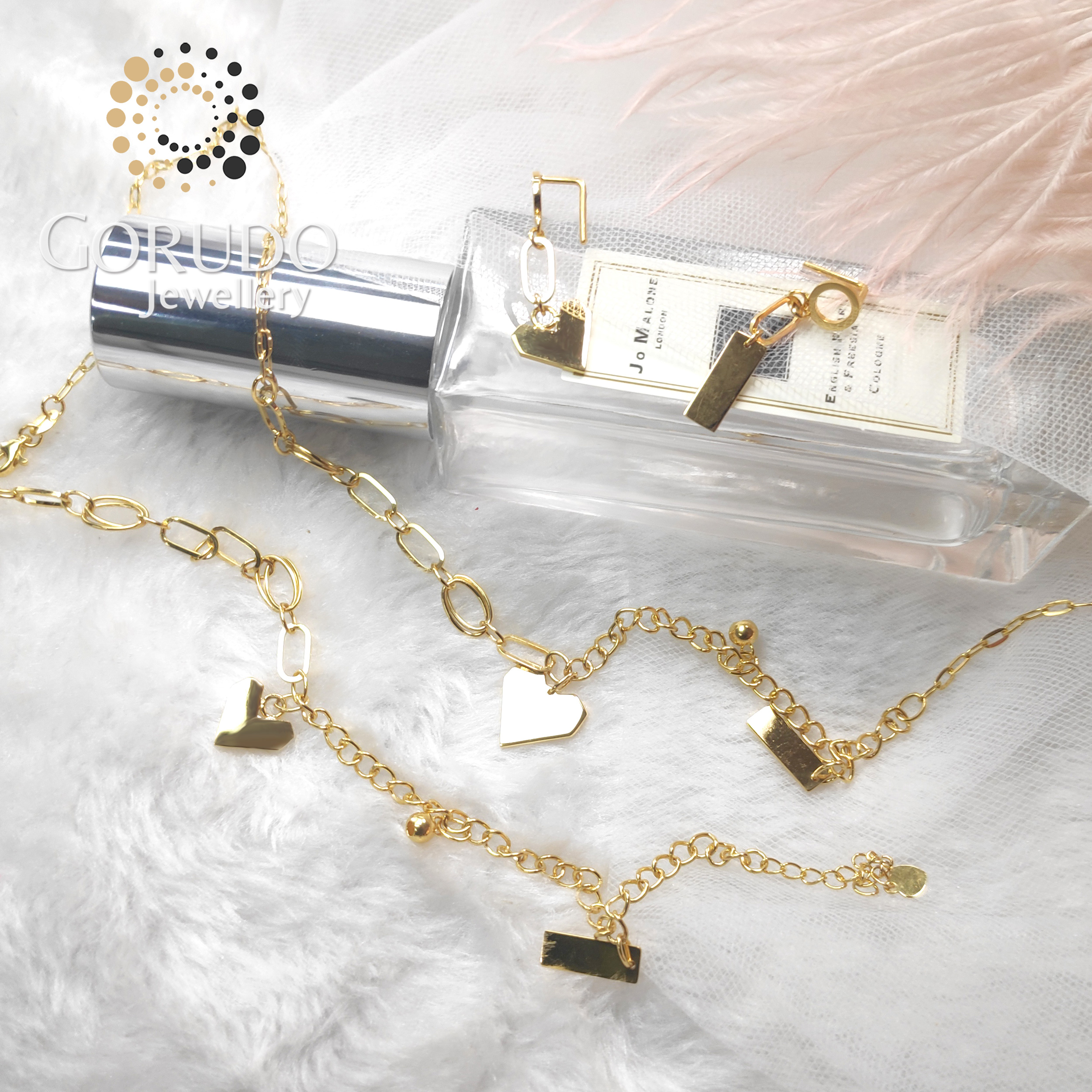 Gorudo Jewellery in oro puro 999 con cuore + sfera + barra bi-braccialetto/orecchino/catena (set di gioielli)