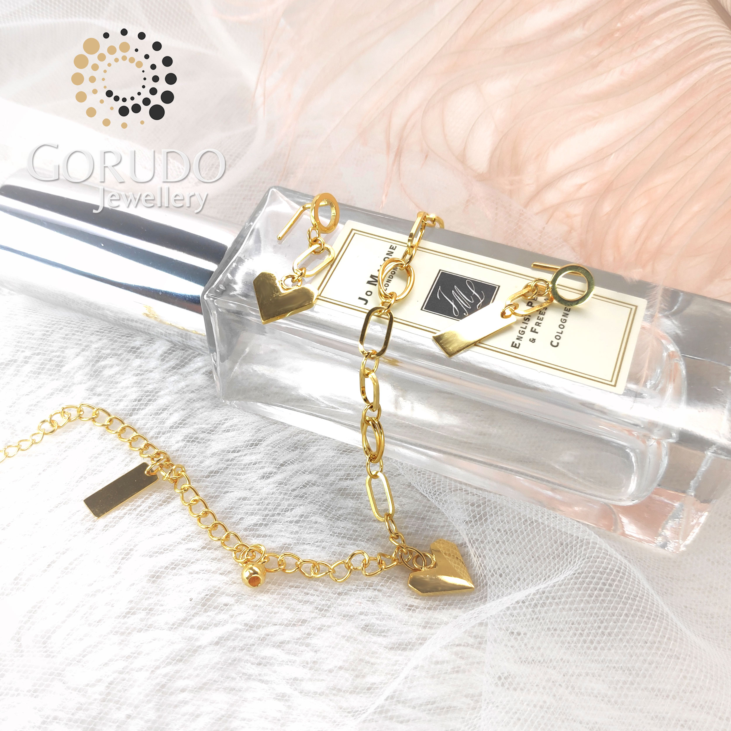 Gorudo Jewellery in oro puro 999 con cuore + sfera + barra bi-braccialetto/orecchino/catena (set di gioielli)
