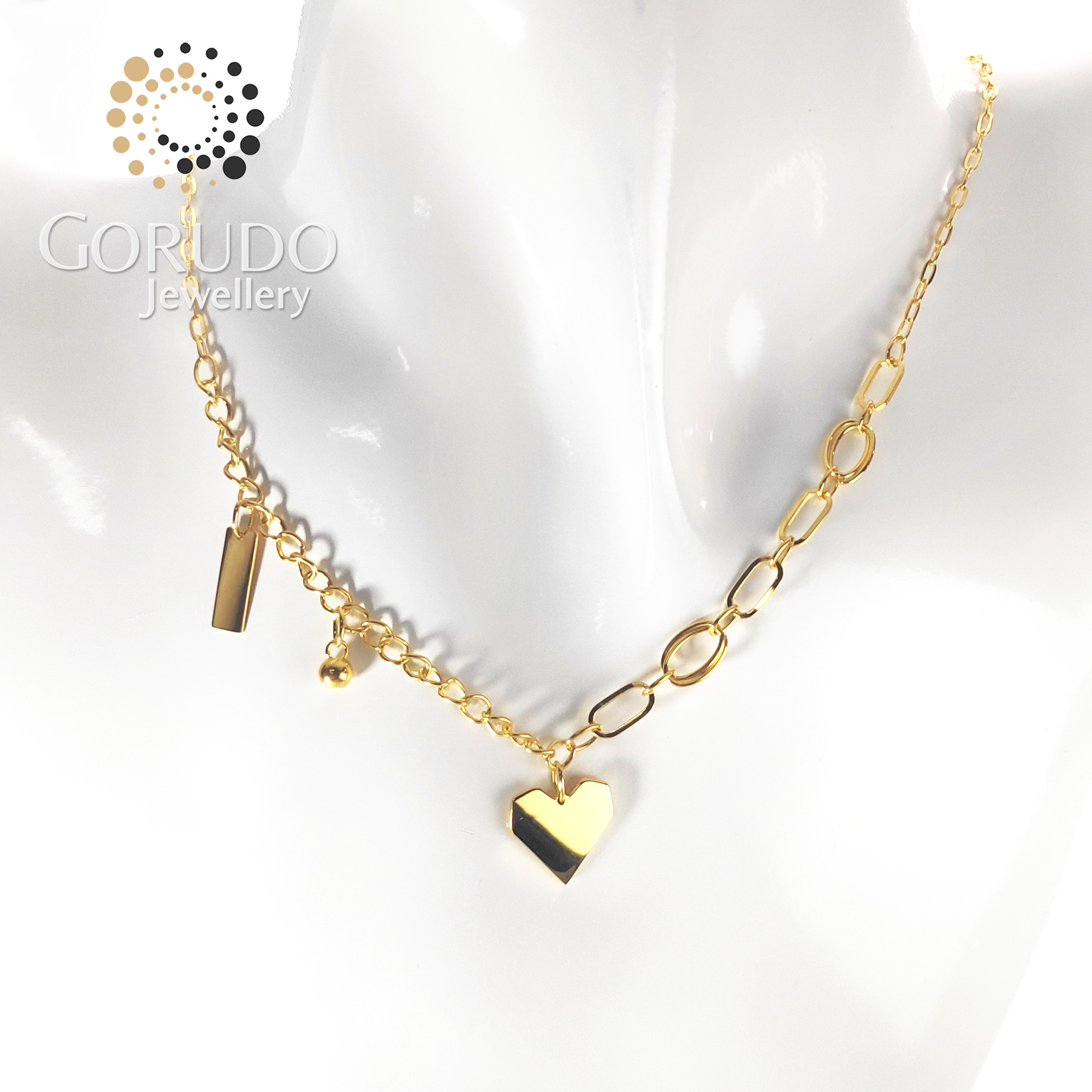 Gorudo Jewellery in oro puro 999 con cuore + sfera + barra bi-braccialetto/orecchino/catena (set di gioielli)