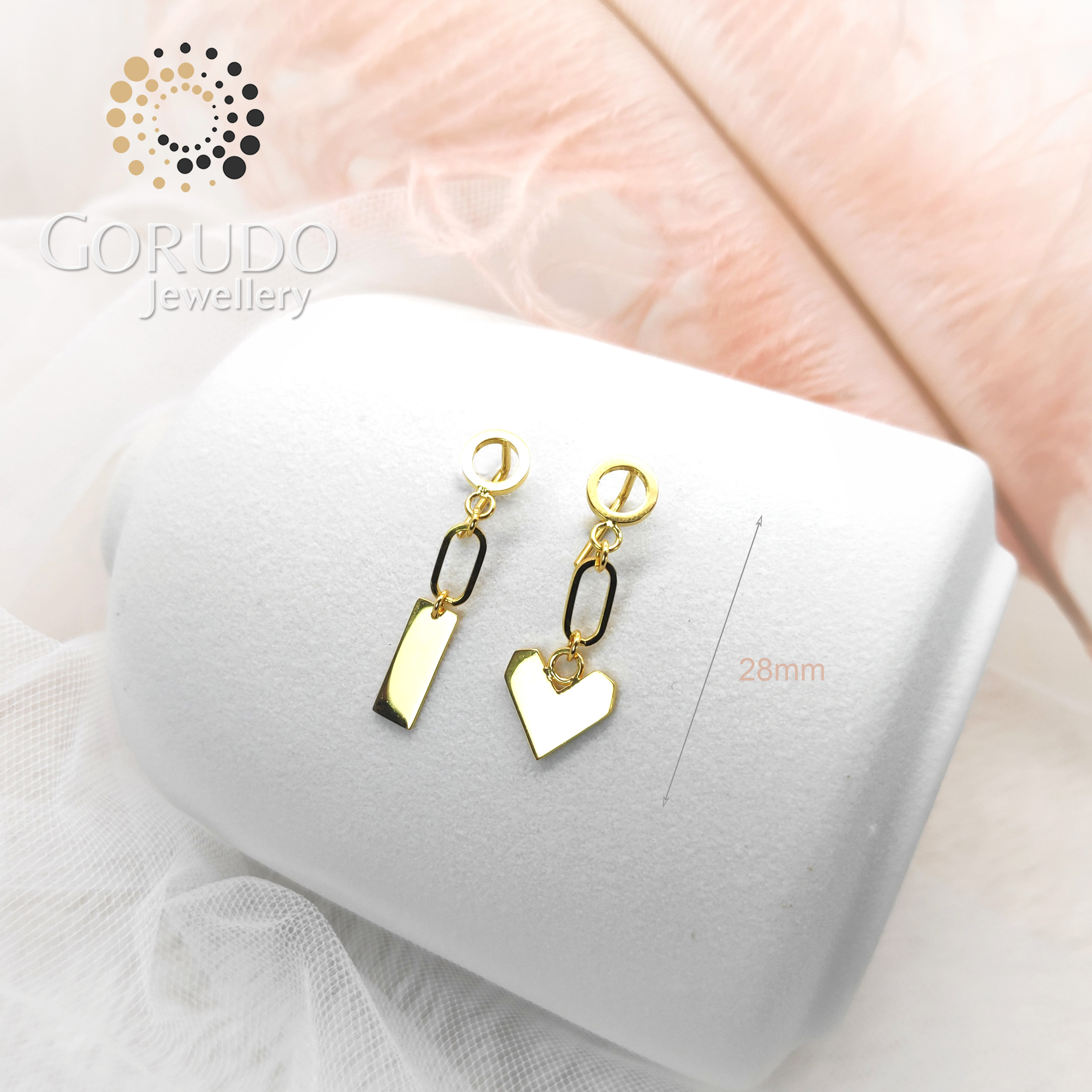Gorudo Jewellery in oro puro 999 con cuore + sfera + barra bi-braccialetto/orecchino/catena (set di gioielli)
