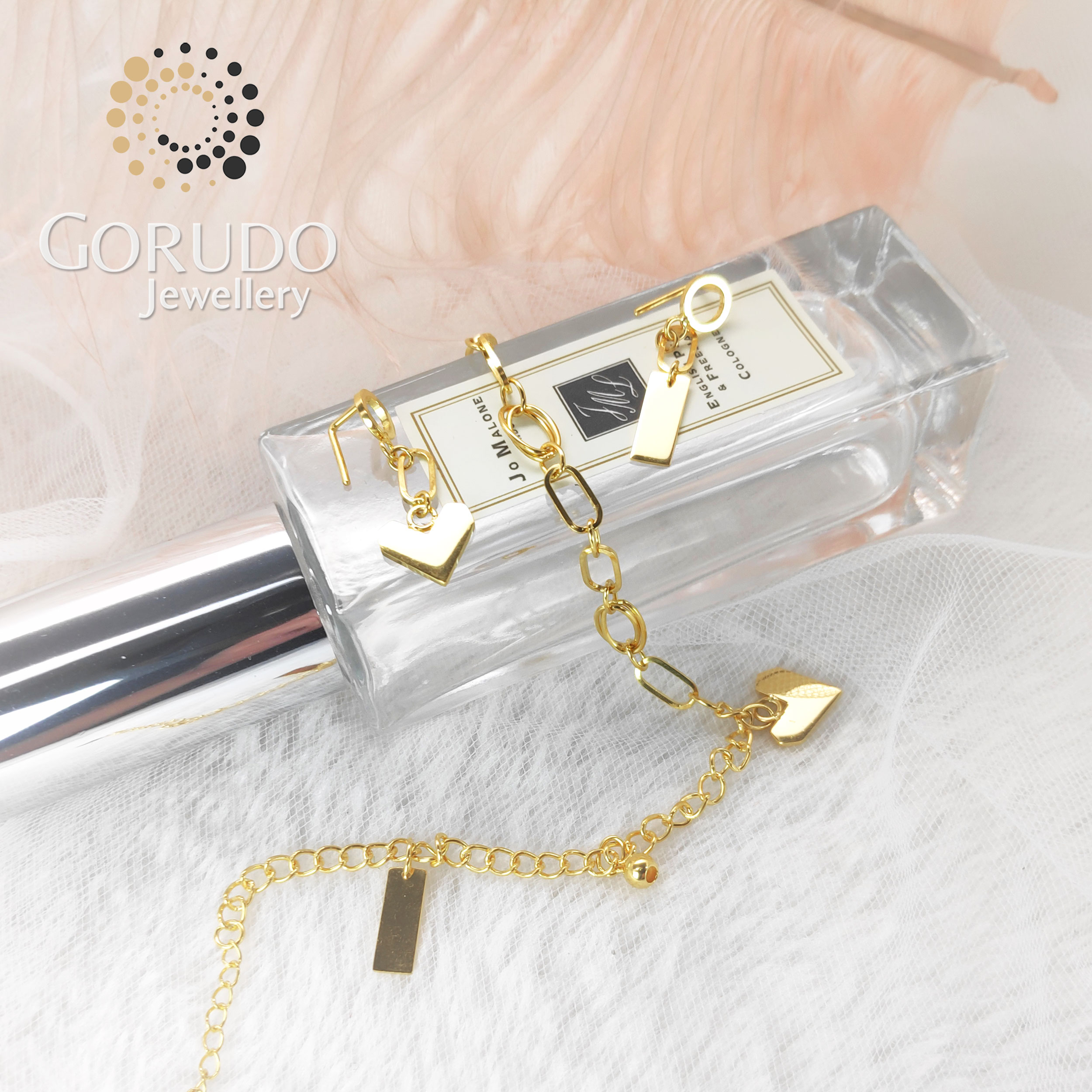 Gorudo Jewellery in oro puro 999 con cuore + sfera + barra bi-braccialetto/orecchino/catena (set di gioielli)