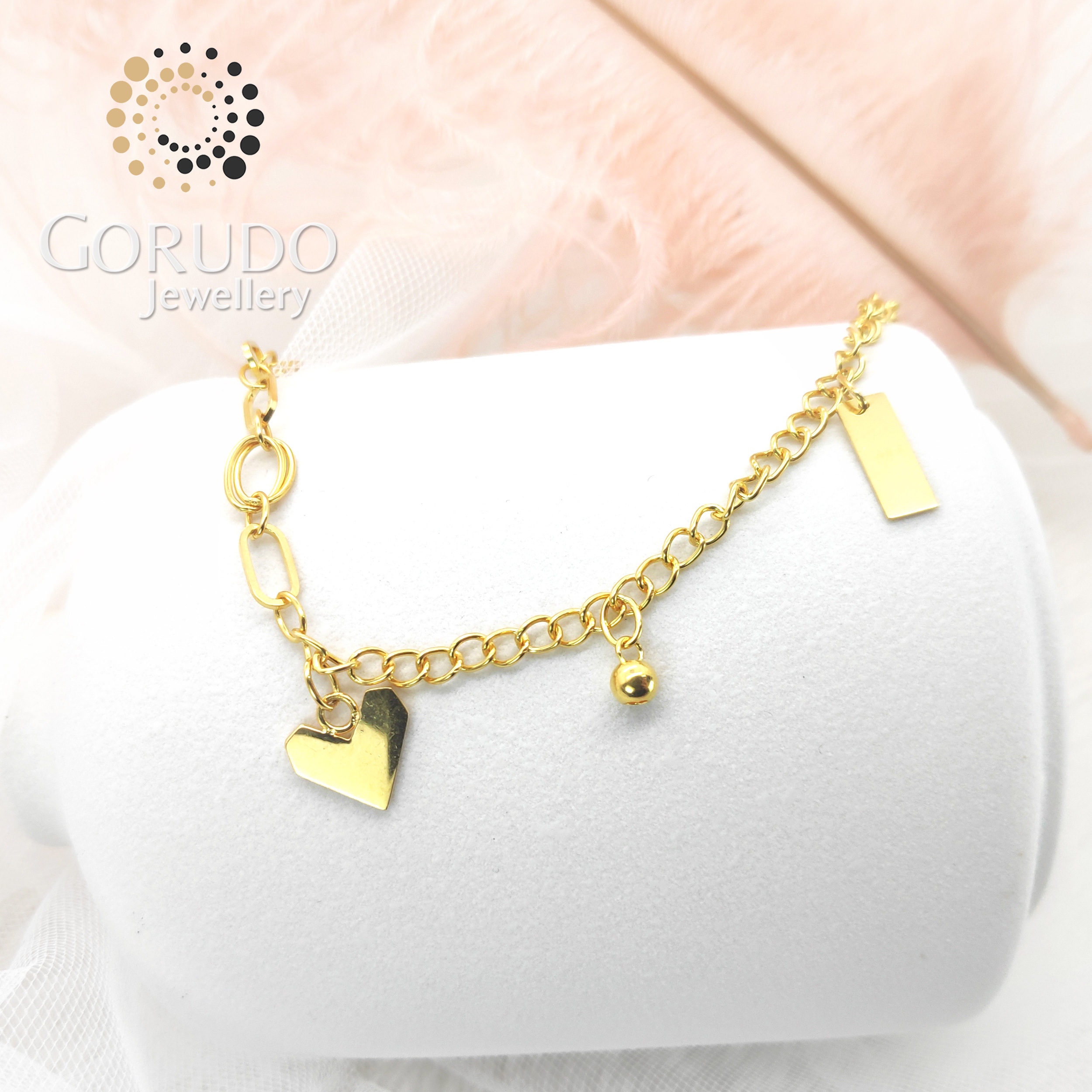 Gorudo Jewellery in oro puro 999 con cuore + sfera + barra bi-braccialetto/orecchino/catena (set di gioielli)