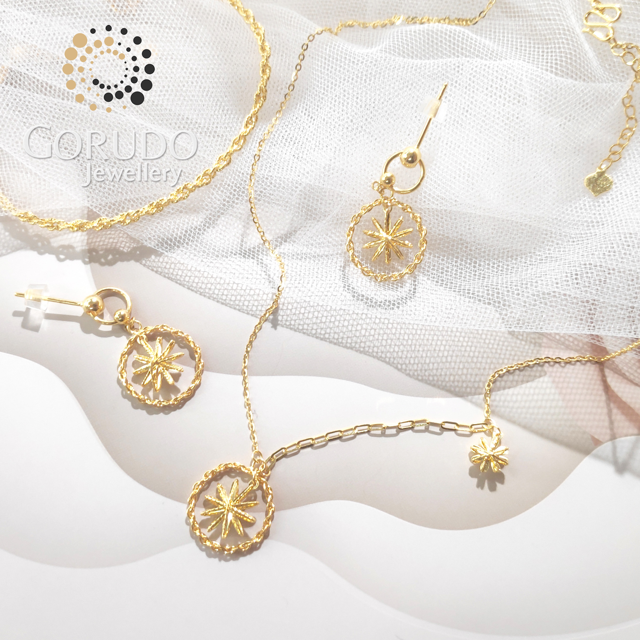 Gorudo Jewellery Pendente a stella scintillante in oro puro 999 con catena + bracciale + orecchino (set di gioielli)