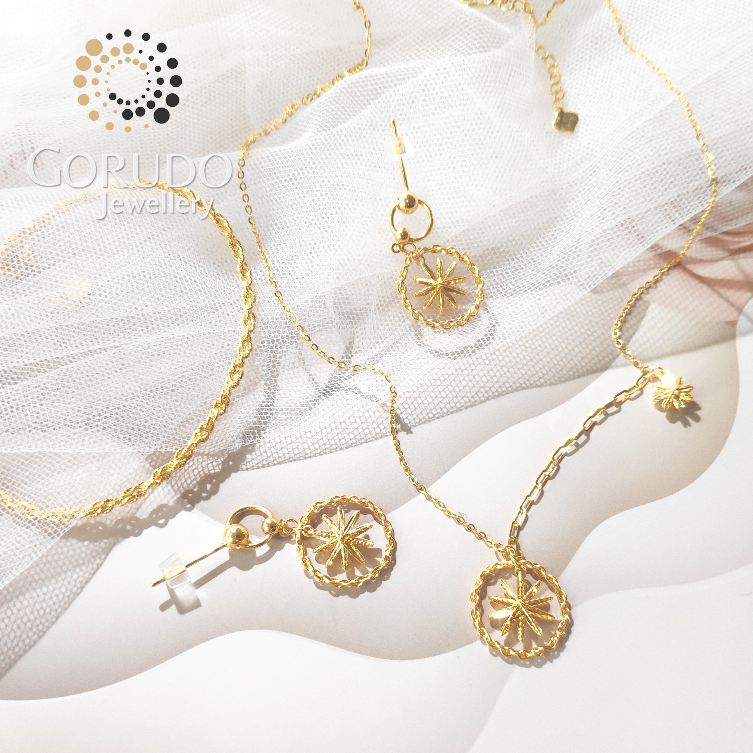 Gorudo Jewellery Pendente a stella scintillante in oro puro 999 con catena + bracciale + orecchino (set di gioielli)