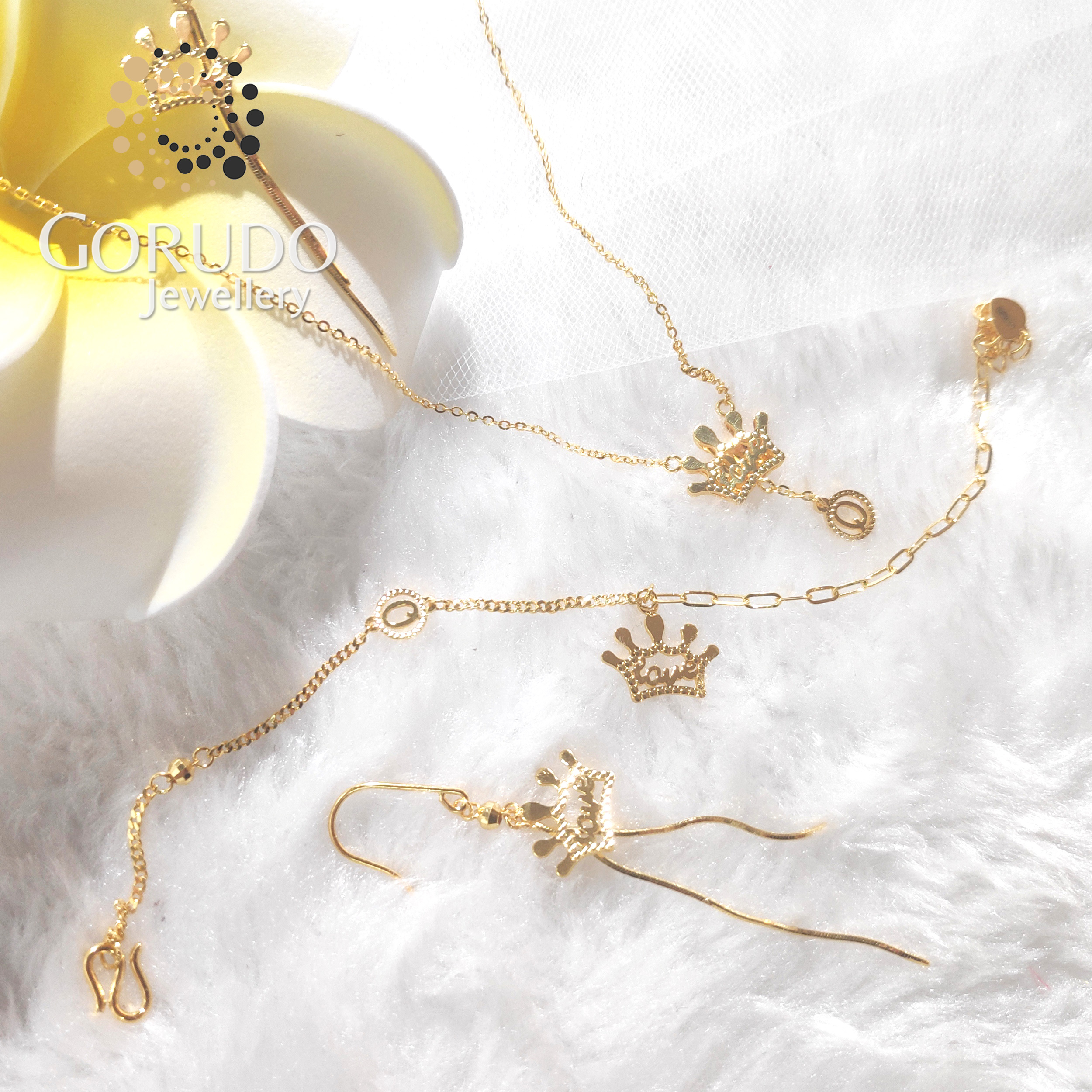 Gorudo Jewellery Pendente a forma di corona d'amore in oro puro 999 con catena + bracciale + orecchino (set di gioielli)