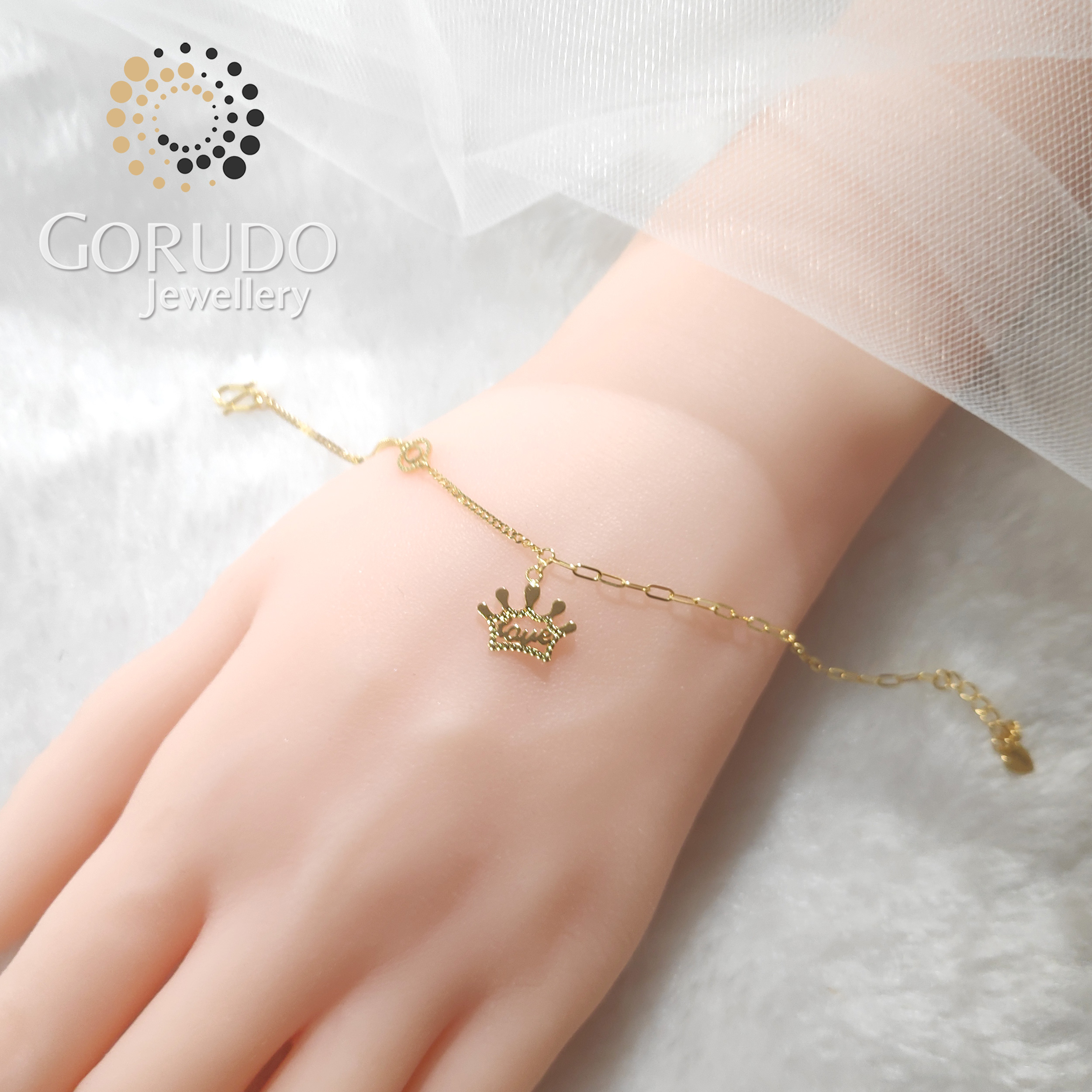 Gorudo Jewellery Pendente a forma di corona d'amore in oro puro 999 con catena + bracciale + orecchino (set di gioielli)