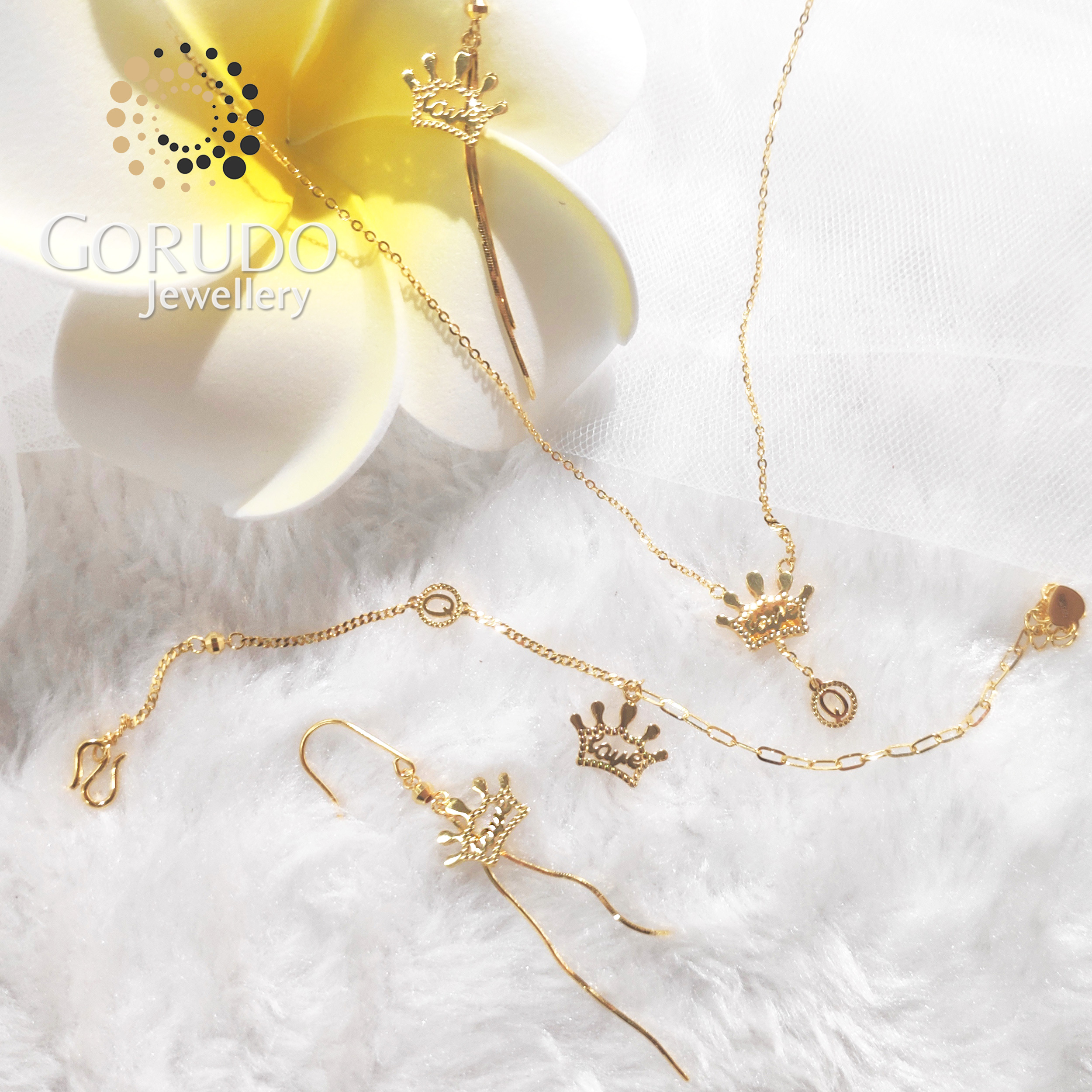 Gorudo Jewellery Pendente a forma di corona d'amore in oro puro 999 con catena + bracciale + orecchino (set di gioielli)