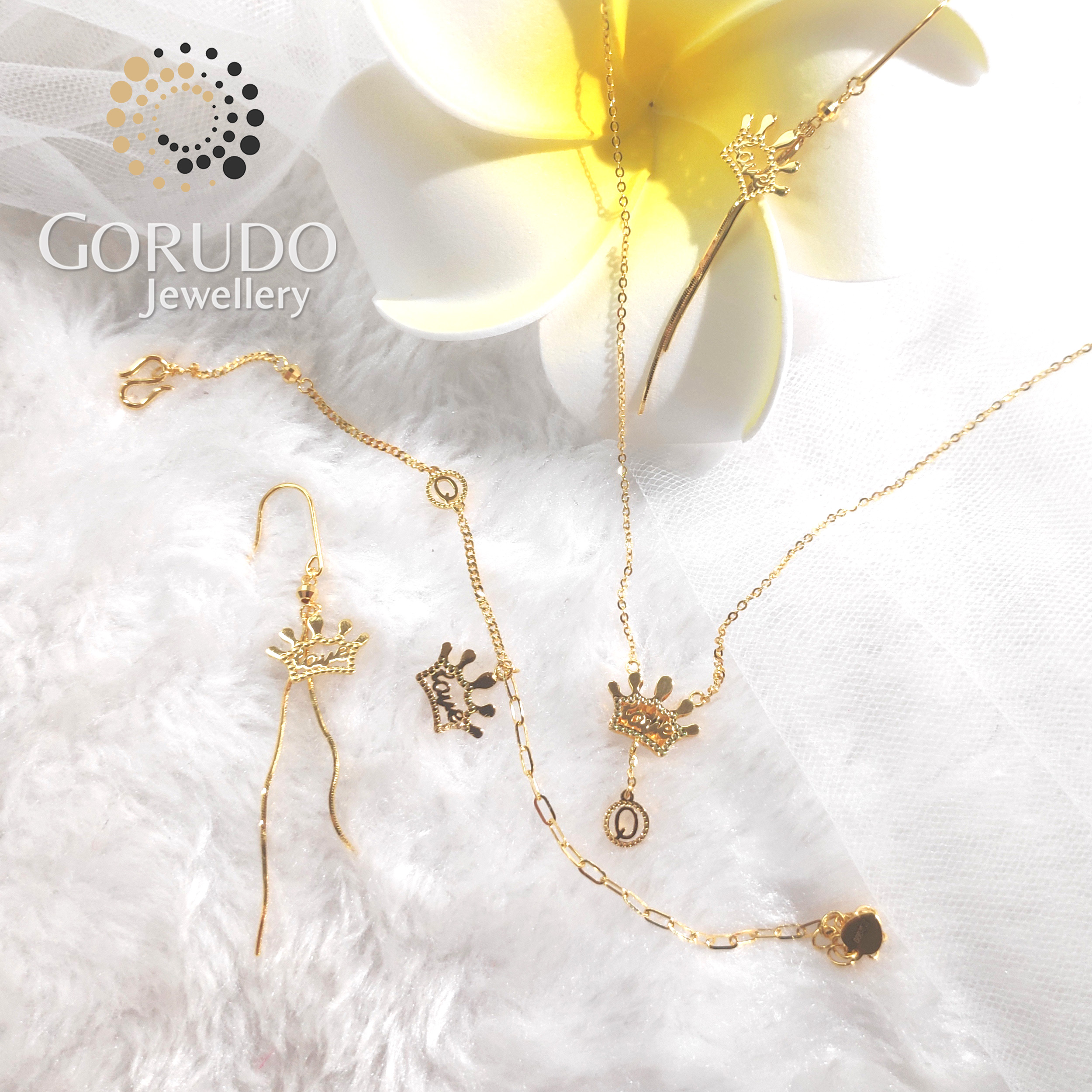 Gorudo Jewellery Pendente a forma di corona d'amore in oro puro 999 con catena + bracciale + orecchino (set di gioielli)