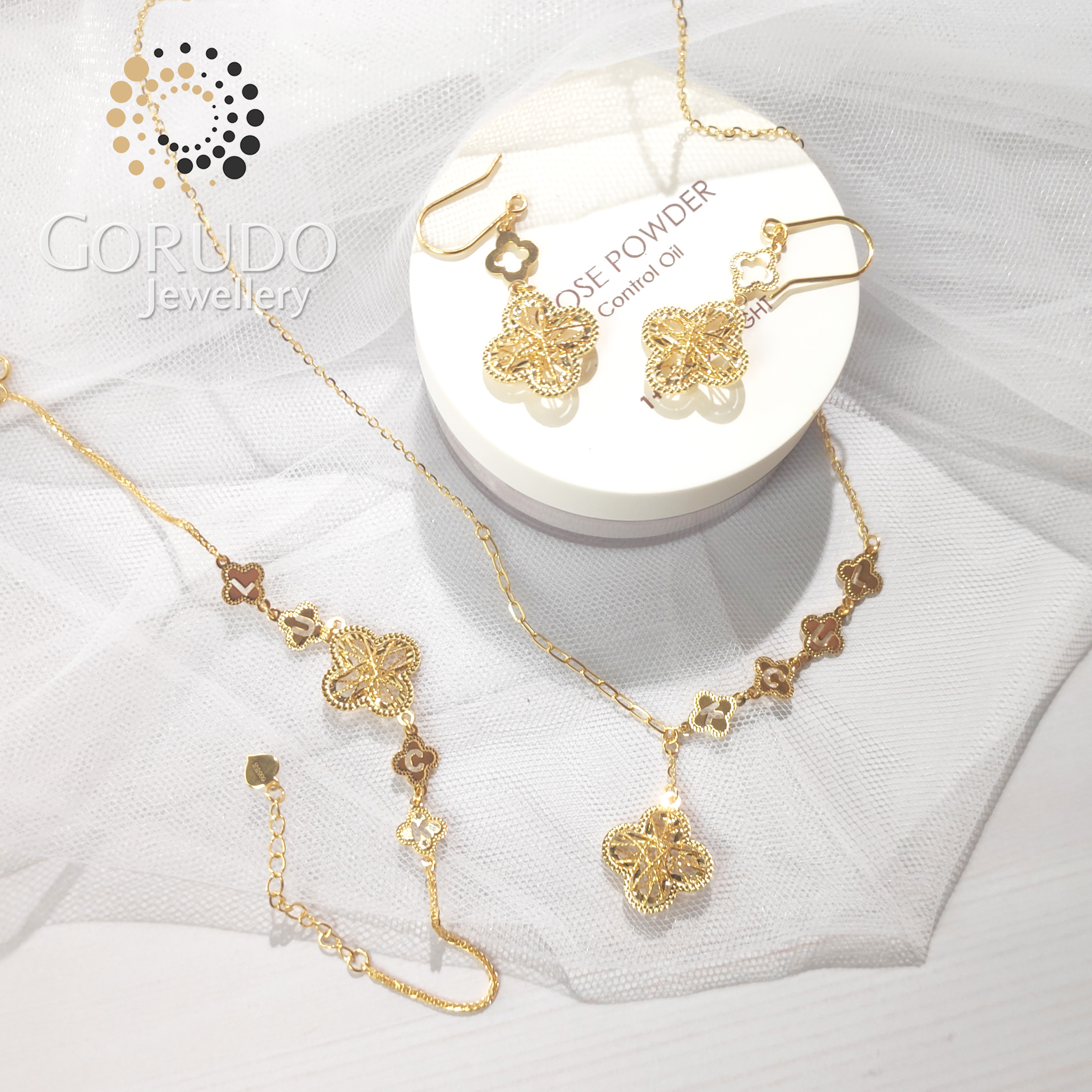 Gorudo Jewellery 999 Pure Gold Lucky Clove Leaf  Pendant With Chain + Bracelet + Earring ( Jewellery Set ) · v8