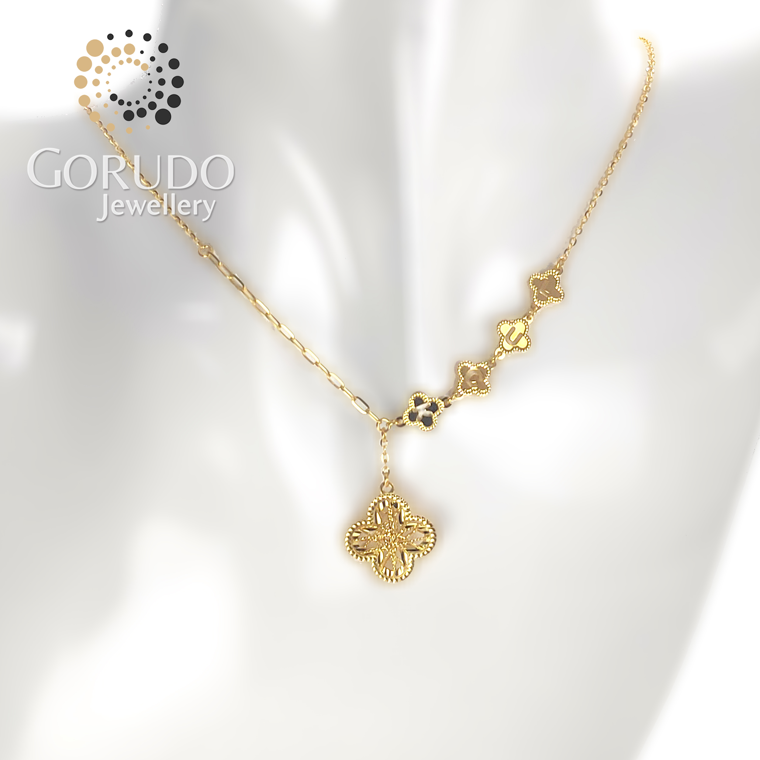 Liontin Daun Cengkeh Keberuntungan dari Emas Murni 999 dari Gorudo Jewellery dengan Gelang dan Anting Rantai (Set Perhiasan)