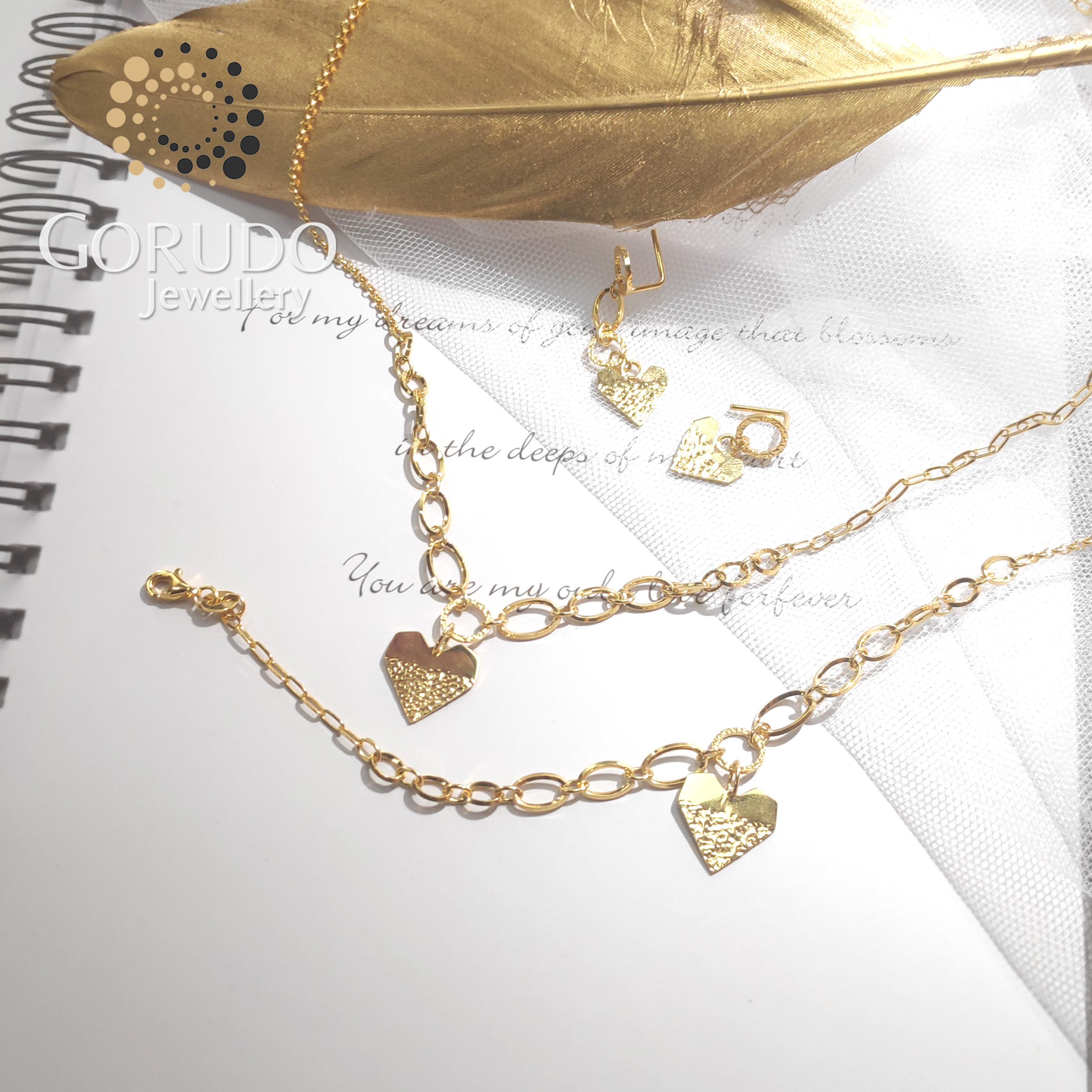 Gorudo Jewellery 999 Pure Gold Heart Pendant With Chain + Bracelet + Earring ( Jewellery Set ) · v4