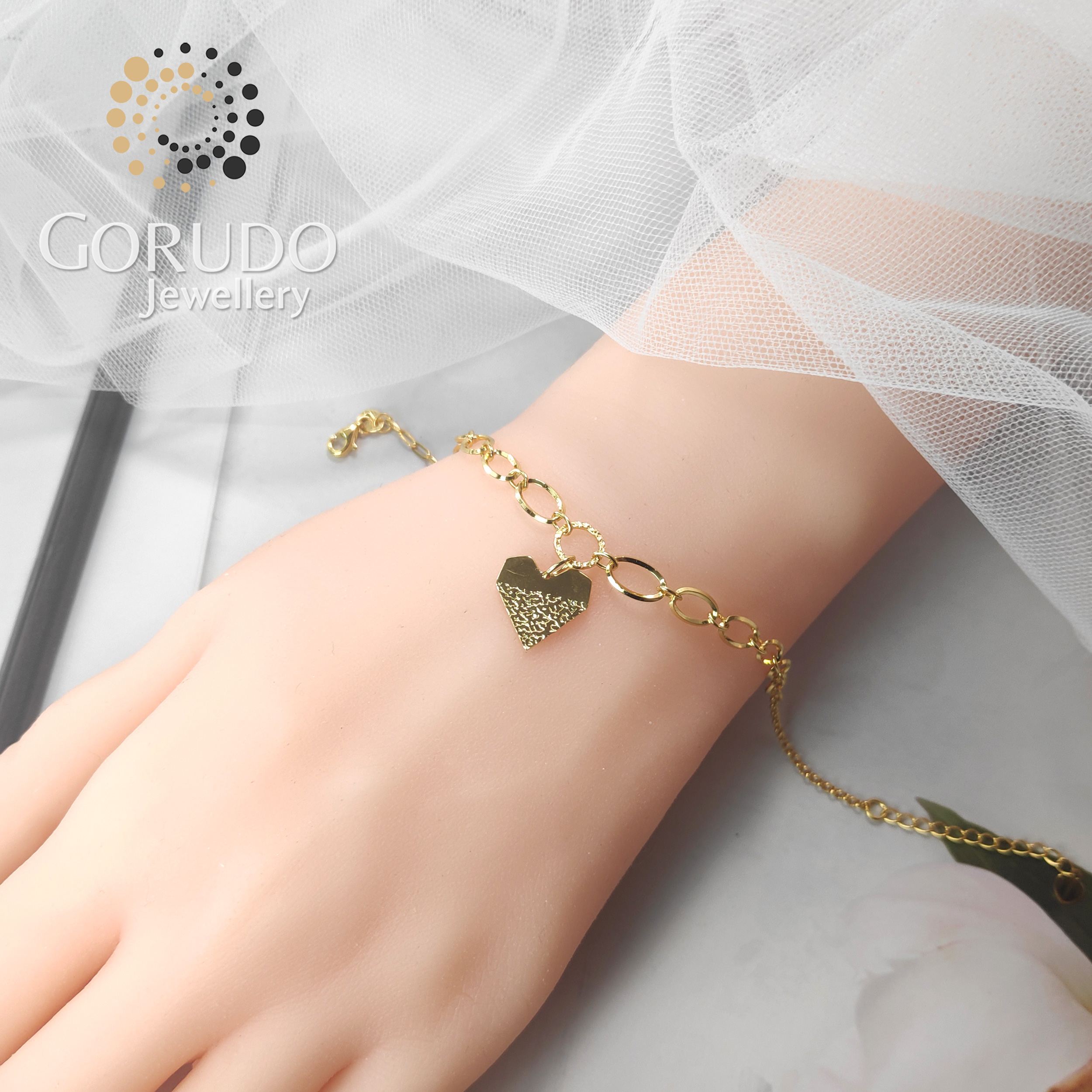 Gorudo Jewellery 999 Pure Gold Heart Pendant With Chain + Bracelet + Earring ( Jewellery Set ) · v4