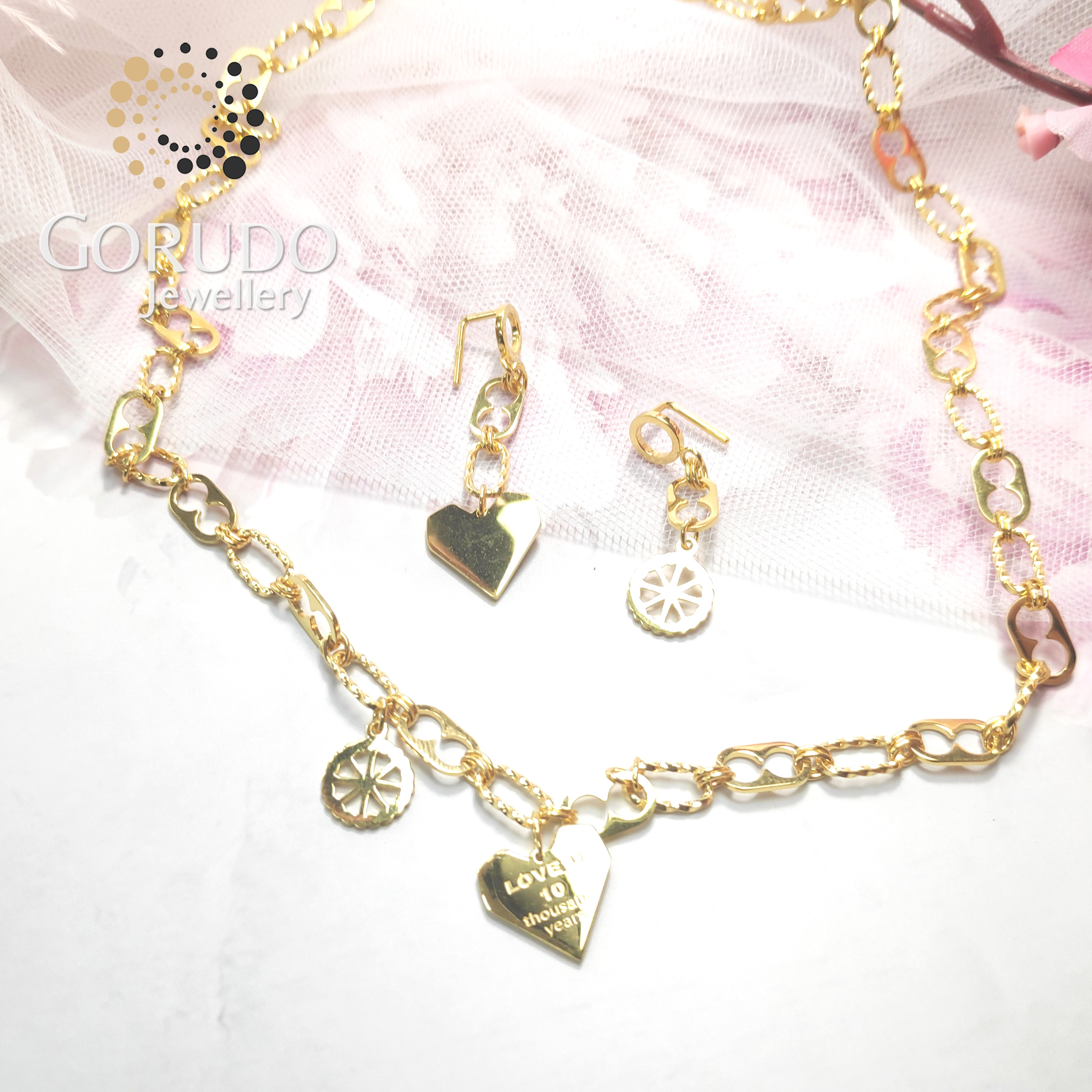 Gorudo Jewellery Pendente LOVE U in oro puro 999 con catena + orecchino (set di gioielli)