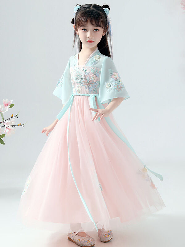 Summer Princess Dress for Girls Trendy Sweet Style Cotton Polyester Blend Short Sleeve Floral Print Skirt Children's Clothing