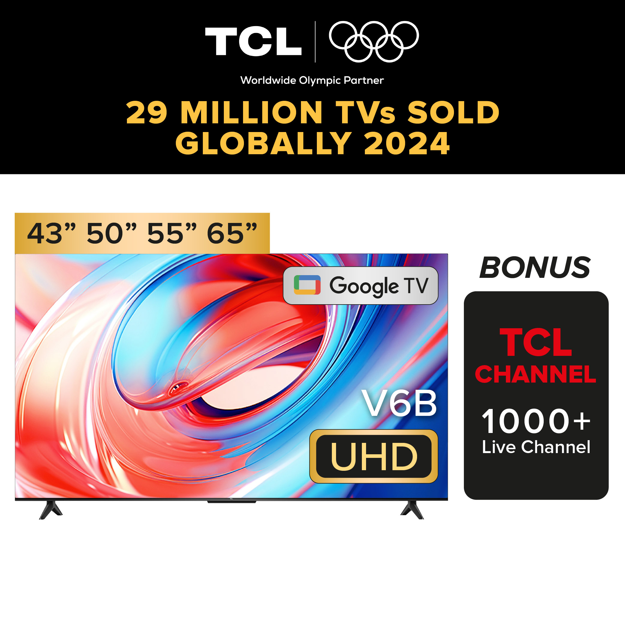 【5 Years Warranty】TCL V6B/P635 4K Google TV | Android TV |  43 50 55 65 inch | Dolby Audio | HDR 10 | HDMI 2.1 | Edgeless Design | Dolby Audio | Voice Control