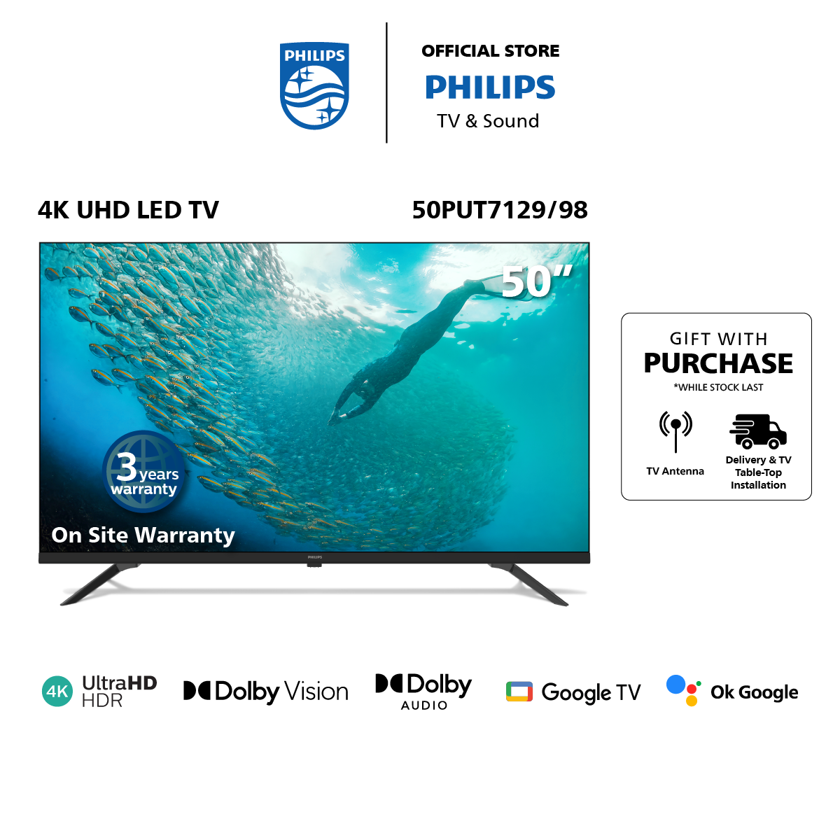 2024 Model PHILIPS 4K UHD LED 50 Inch Google TV | 50PUT7129/98 | Youtube | Netflix | meWatch | Google Assistant | Dobly Vision | FOC Tabletop Setup · v14