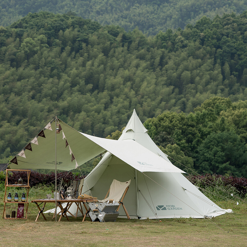 MOBI GARDEN Camping Cotton Pyramid Tent 2-3 Person Family Canvas Tent Tower A Waterproof · v43