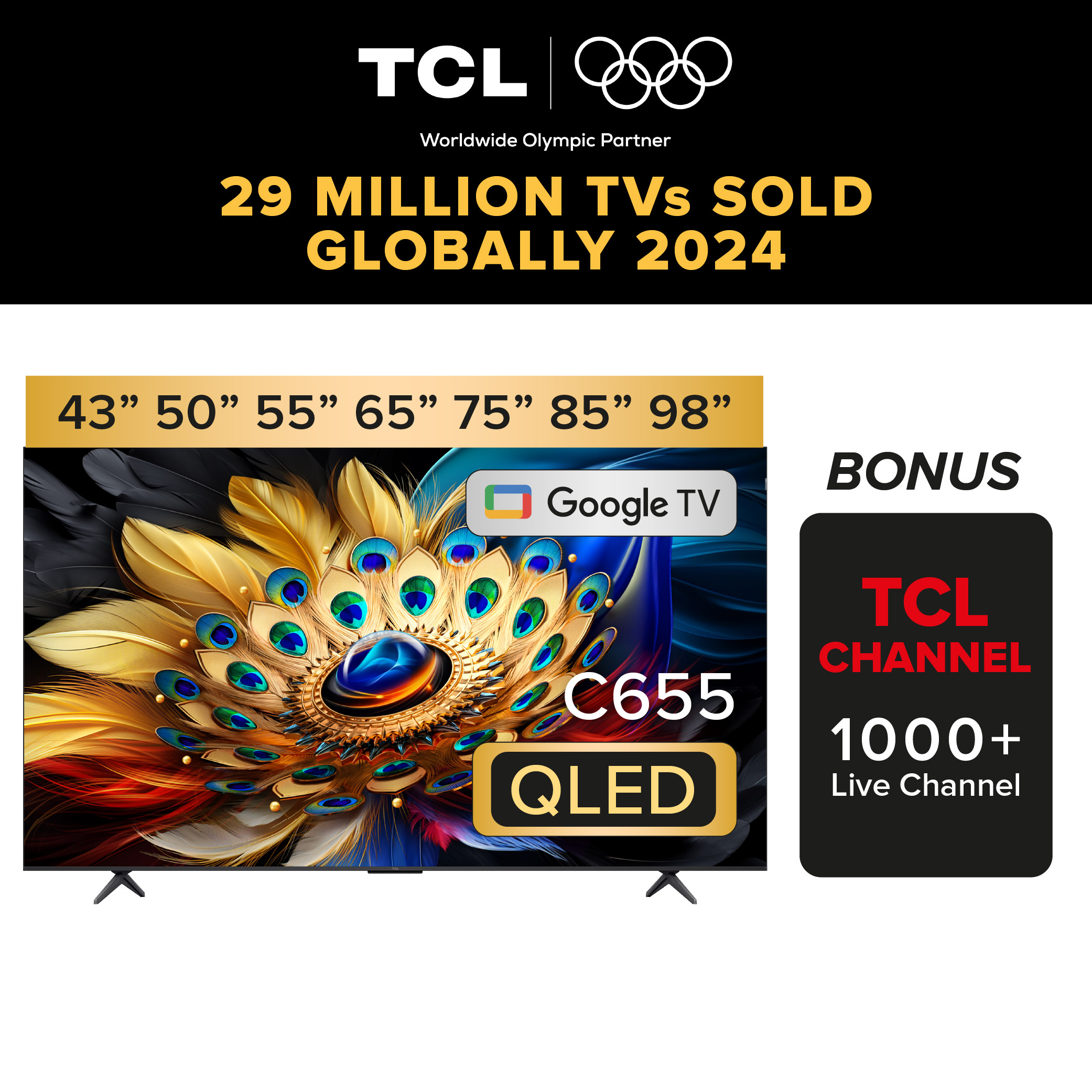 2024 TCL C655 4K QLED | 43 50 55 65 75 85 98 | AI Smart Google TV | Eye care | AIPQ PRO · v3