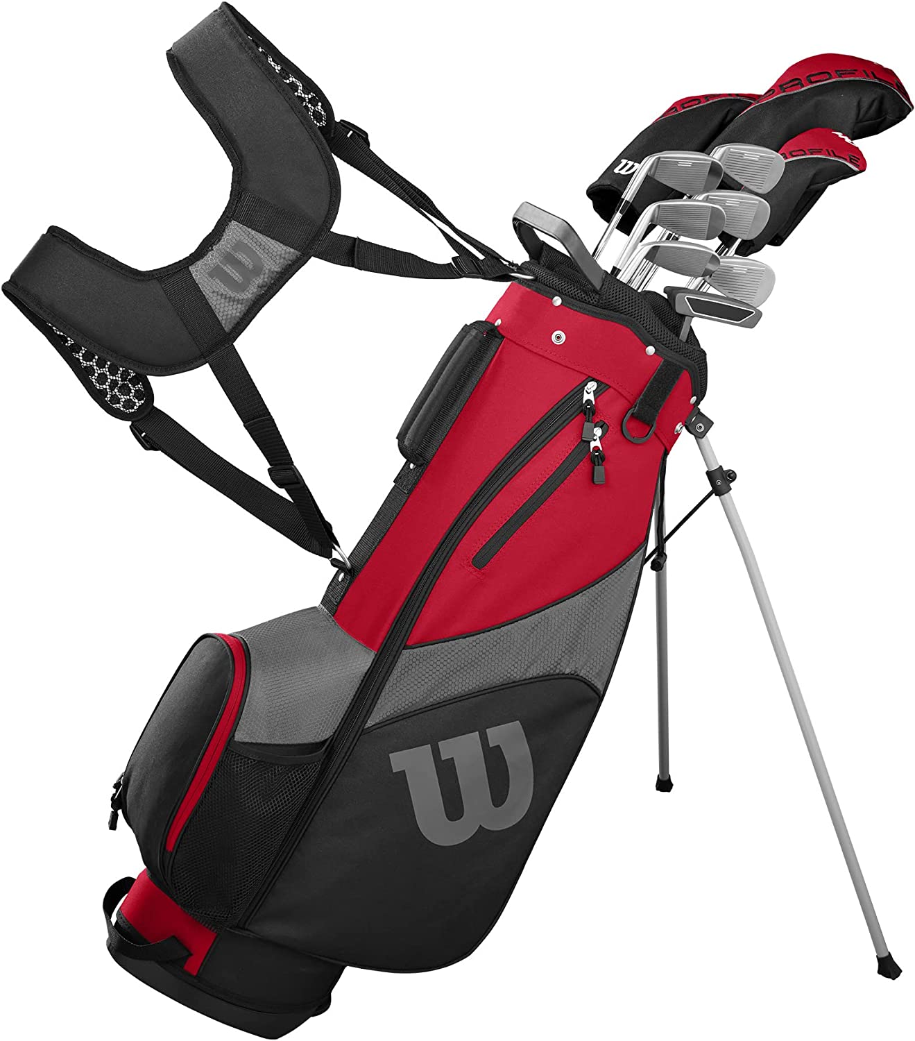 Wilson Golf Profile SGI Men's Complete Golf Club Set. Driver with Graphite Shaft, Fairway Wood with Graphite Shaft, Hybrid with steel shaft, stainless steel Irons 6/7/8/9, Pitching Wedge, Easy Launch Sand Wedge with steel shafts, Putter. RIGHT HANDED
