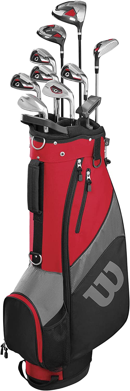 Wilson Golf Profile SGI Kompletny męski zestaw kijków golfowych. Sterownik z wałem grafitowym, drewno wodne z wałem grafitowym, hybrydowy ze stalowym wałem, żelazka ze stali nierdzewnej 6/7/8/9, klin skośny, klin piaskowy Easy Launch ze stalowymi wałami, putter. PRAWORĘCZNY
