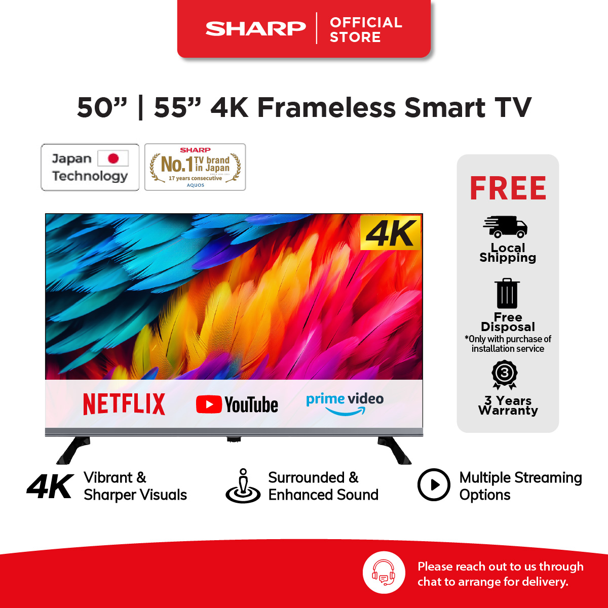 SHARP 50" 55" 4K UHD Smart TV 4T-C50GJ4000X | 4T-C55GJ4000X | Netflix, Youtube, Prime Video, Disney+  & Browser | 3 Years Warranty| Online Model · v15