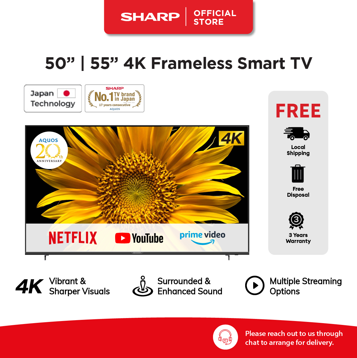SHARP 50" 55" 4K UHD Smart TV 4T-C50GJ4000X | 4T-C55GJ4000X | Netflix, Youtube, Prime Video, Disney+  & Browser | 3 Years Warranty| Online Model · v15