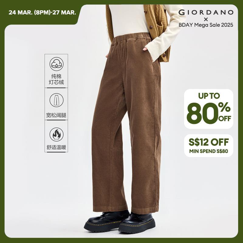 Giordano Beau Monde Women Elastic waist wide leg cotton corduroy pants Free Shipping 13412773 · v3