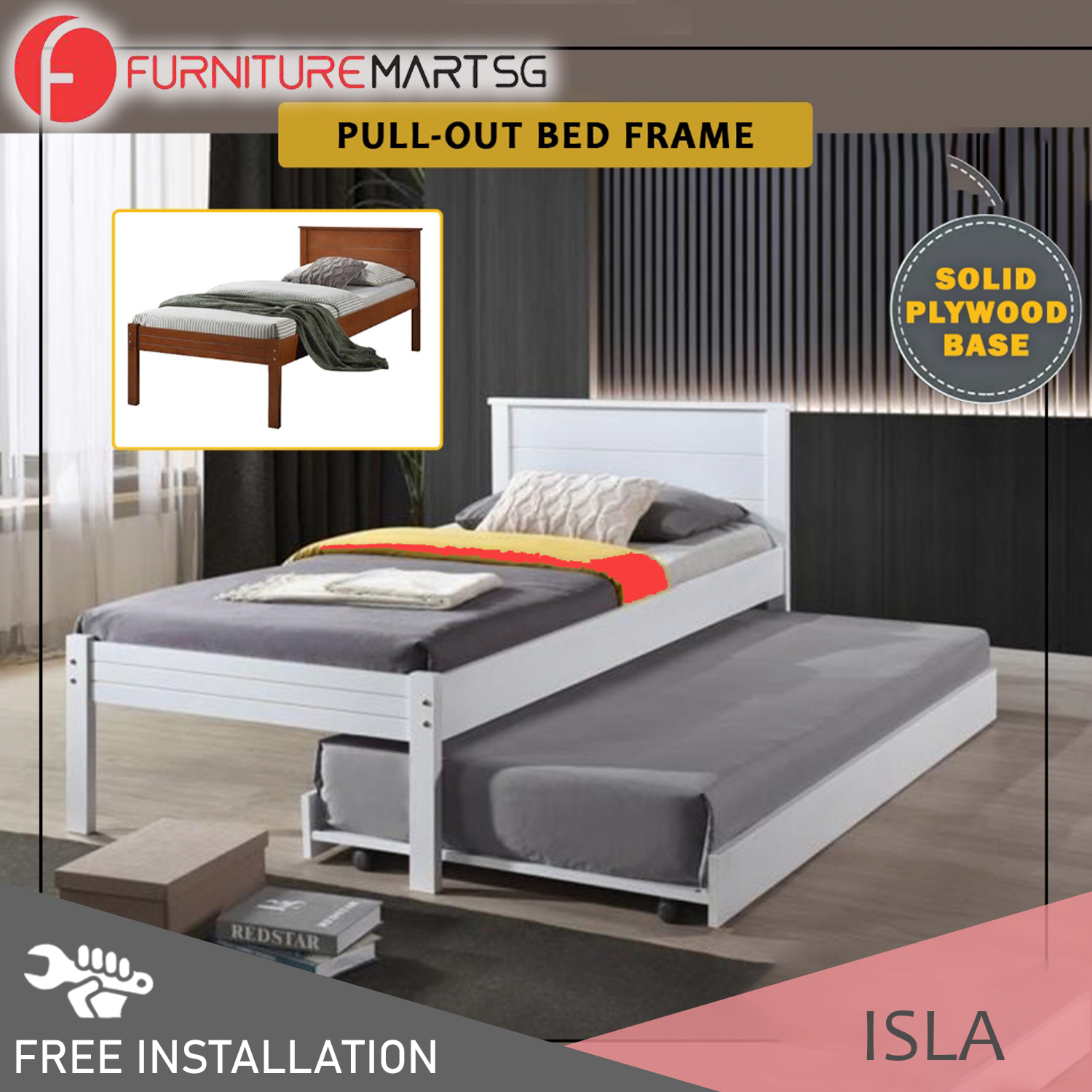 سرير إيسلا من FurnitureMartSG مصنوع من خشب المطاط الصلب وقاعدة من الخشب الرقائقي المسطح مع سرير قابل للسحب بمقاس فردي مع خيار المرتبة