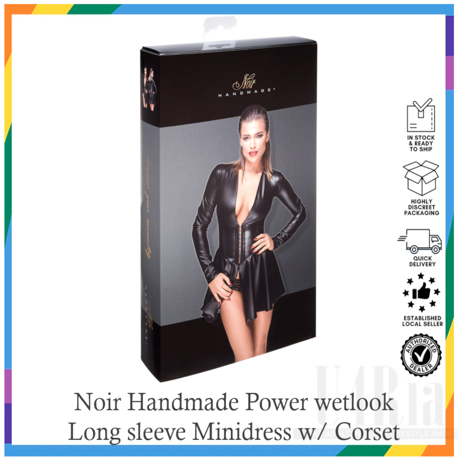 Noir Handmade Powerwetlook Longsleeve Minidress With Corset (Made In Europe) · v5