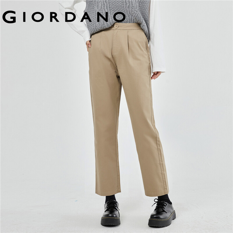 GIORDANO Women Pants Mid Rise Solid Color Cotton Simple Pants Lightweight Ankle Length Pleated Fashion Casual Pants 13423221