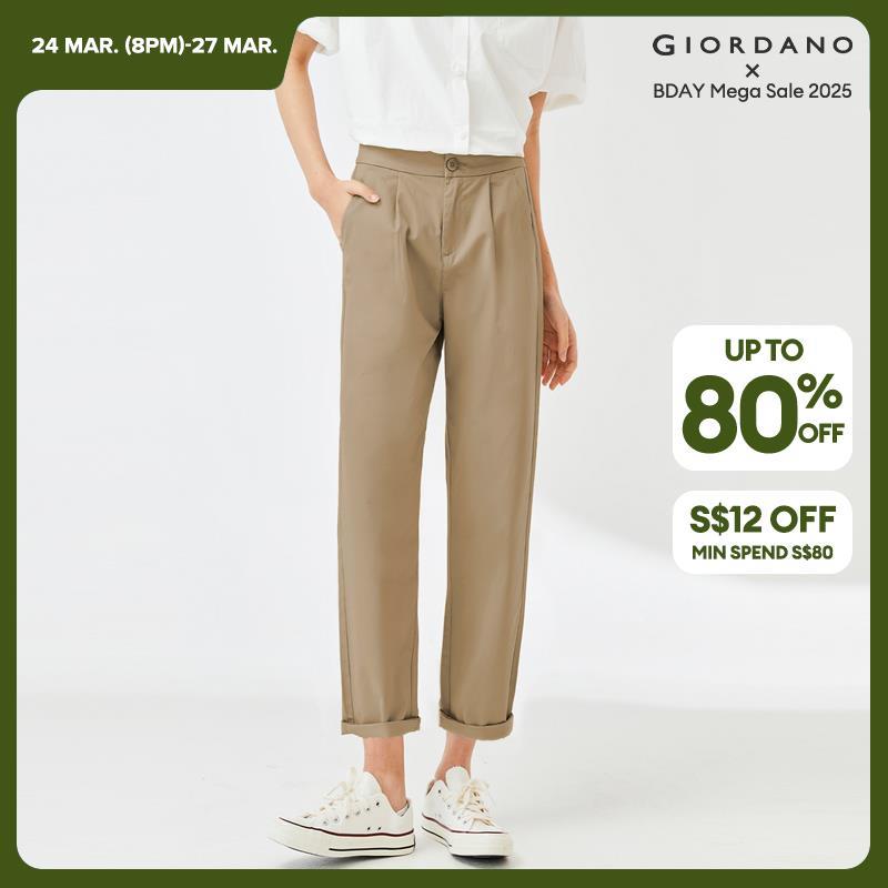 GIORDANO Kadın Pantolon Orta Boy Düz Renk Pamuklu Basit Pantolon Hafif Ayak Bileği Boyunda Pileli Moda Günlük Pantolon 13423221