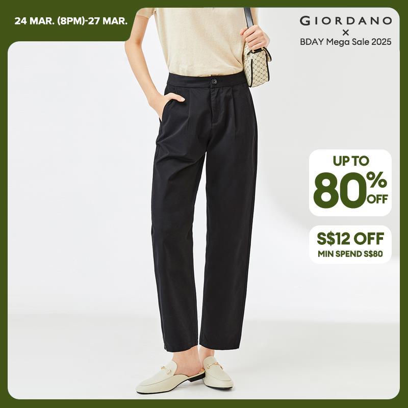 GIORDANO Kadın Pantolon Orta Boy Düz Renk Pamuklu Basit Pantolon Hafif Ayak Bileği Boyunda Pileli Moda Günlük Pantolon 13423221