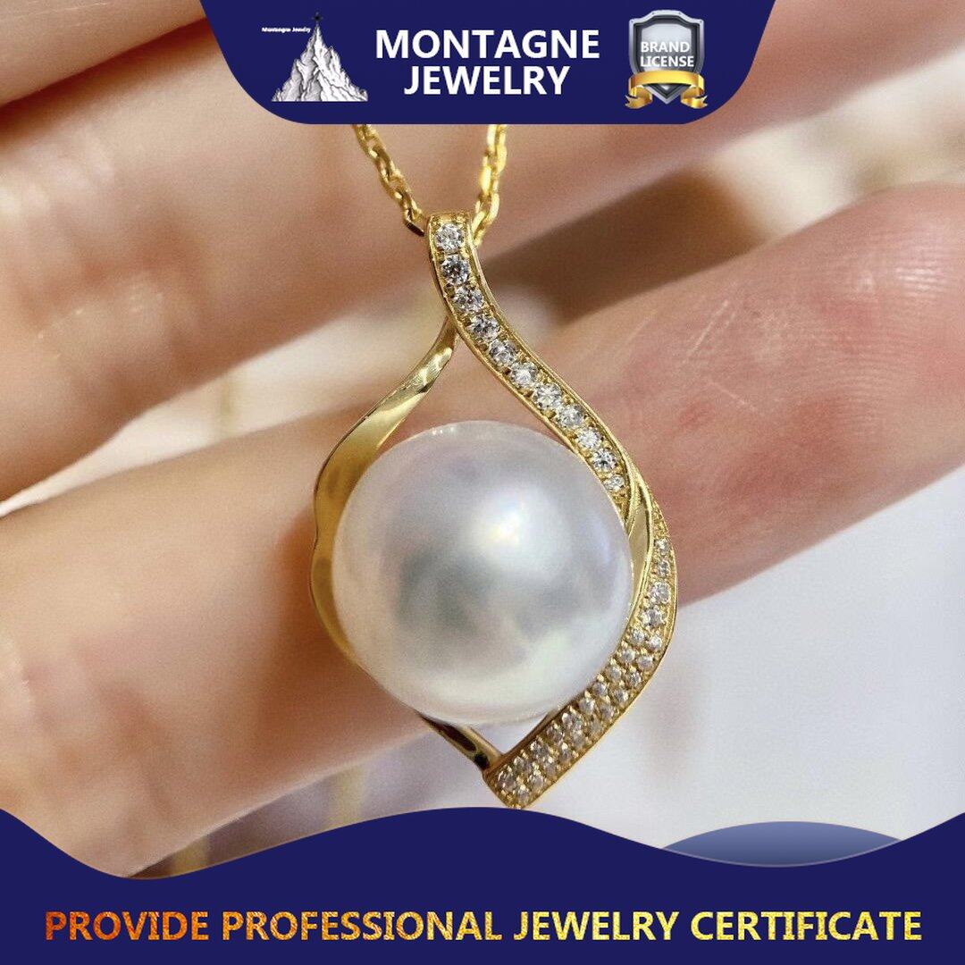 Montagne Jewelry จี้ทองคำ 18k สำหรับผู้หญิง ดีไซน์หรูหรา เครื่องประดับชั้นดี จี้ไข่มุกสีขาวธรรมชาติ ขนาด 12.5 มม. สร้อยคอทองคำ