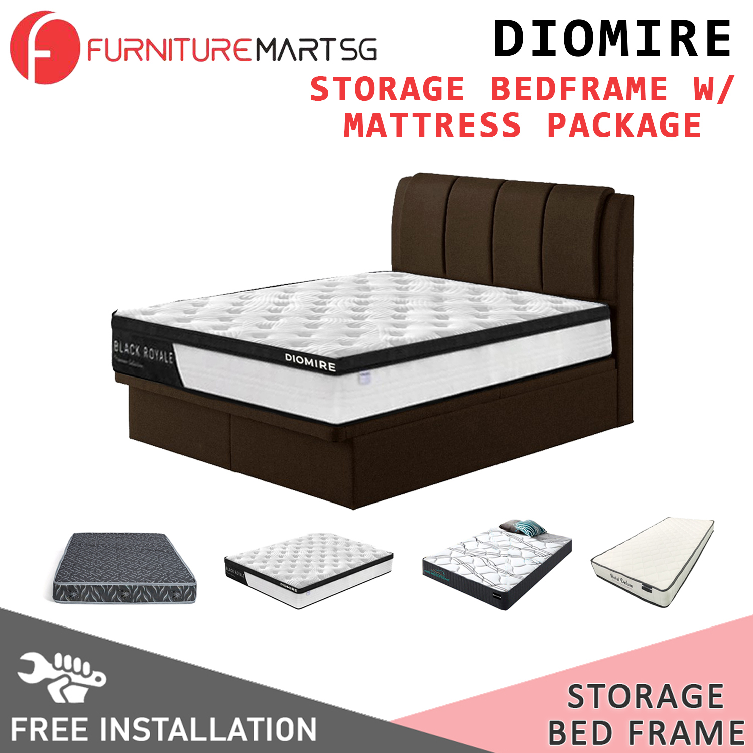 سرير تخزين من الجلد والقماش من FurnitureMartSG مع مرتبة.