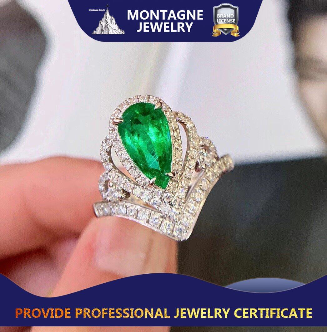 Montagne Jewelry 18k Pure White Gold Ring 0.7 Carat Diamond Inset Fine Jewellery Natural 1.73 Carat Emerald Ring