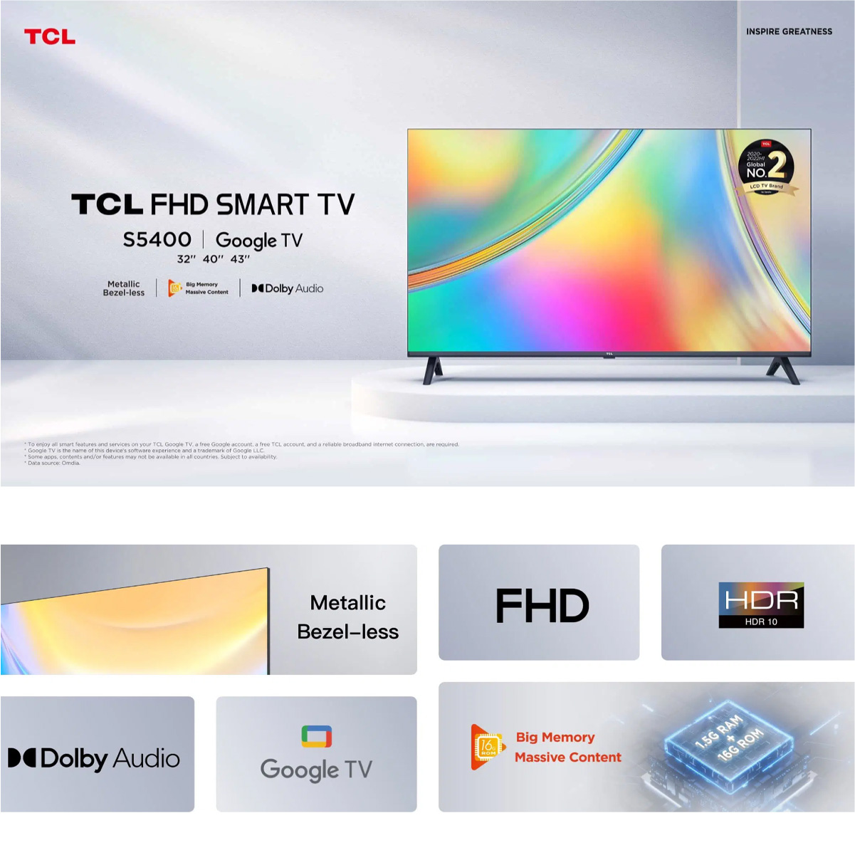 Nuevo | Televisor inteligente TCL S5400 Full HD Google TV | 32, 40 y 43 pulgadas | Smart TV LED | Televisor de pantalla plana inteligente | Microatenuación | Dolby Audio | HDR | Chromecast