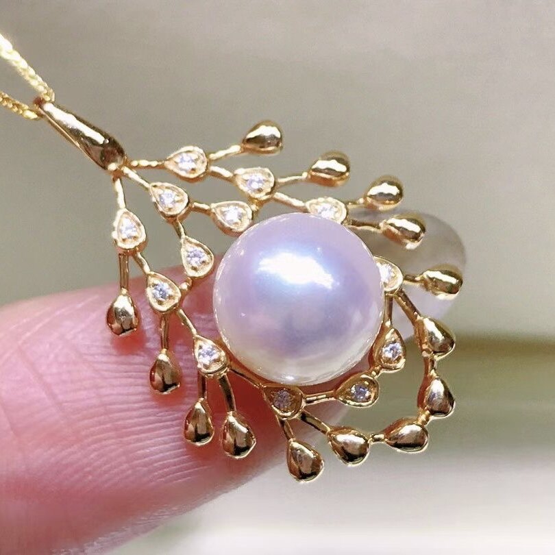 Montagne Jewelry 18k Pure White Gold Pendant Pine Cone Design Fine Jewellery Natural 8-9mm Pearl Pendant Necklace