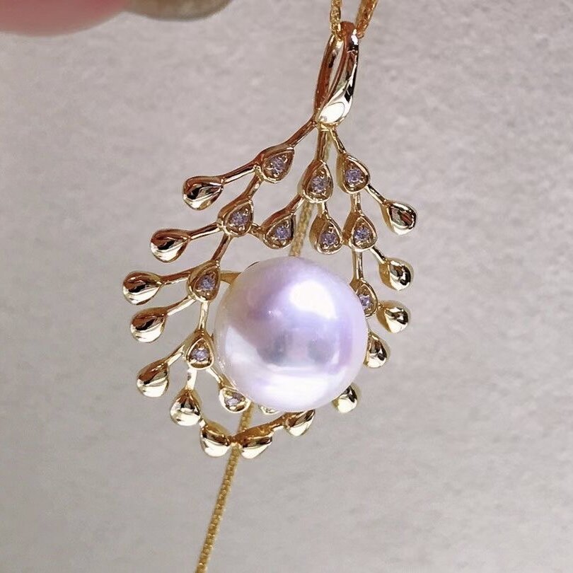 Montagne Jewelry 18k Pure White Gold Pendant Pine Cone Design Fine Jewellery Natural 8-9mm Pearl Pendant Necklace