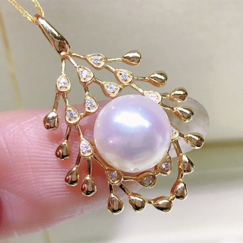 Montagne Jewelry 18k Pure White Gold Pendant Pine Cone Design Fine Jewellery Natural 8-9mm Pearl Pendant Necklace