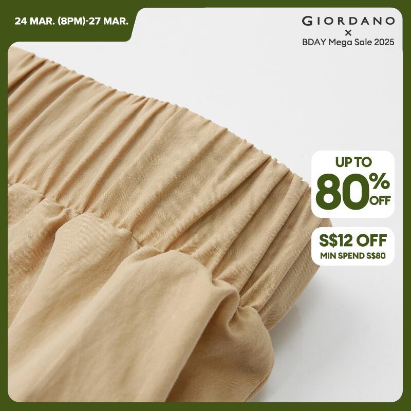 GIORDANO Women Pants Buckle Strap Elastic Waist Pants Lightweight Drape Simple Fashion Relaxed Casual Loose Crop Pants 18423606